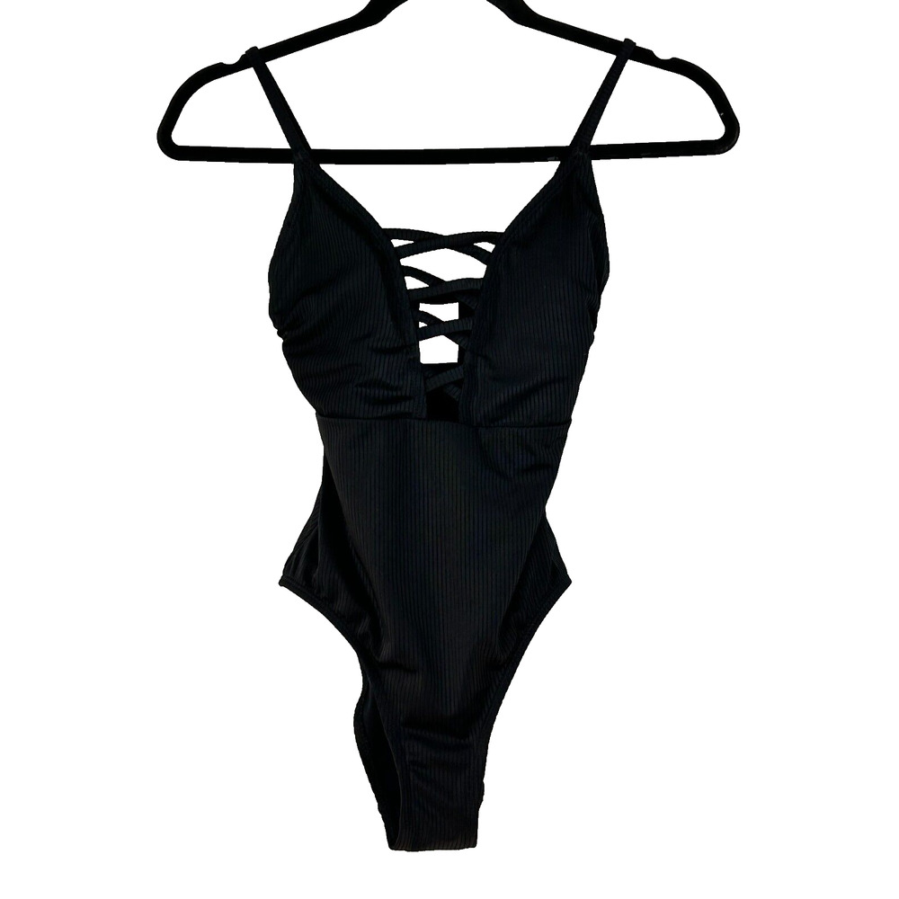 No Boundaries Swimsuit‎ Womens XS Black One Piece Plunging V Neck Criss Cross